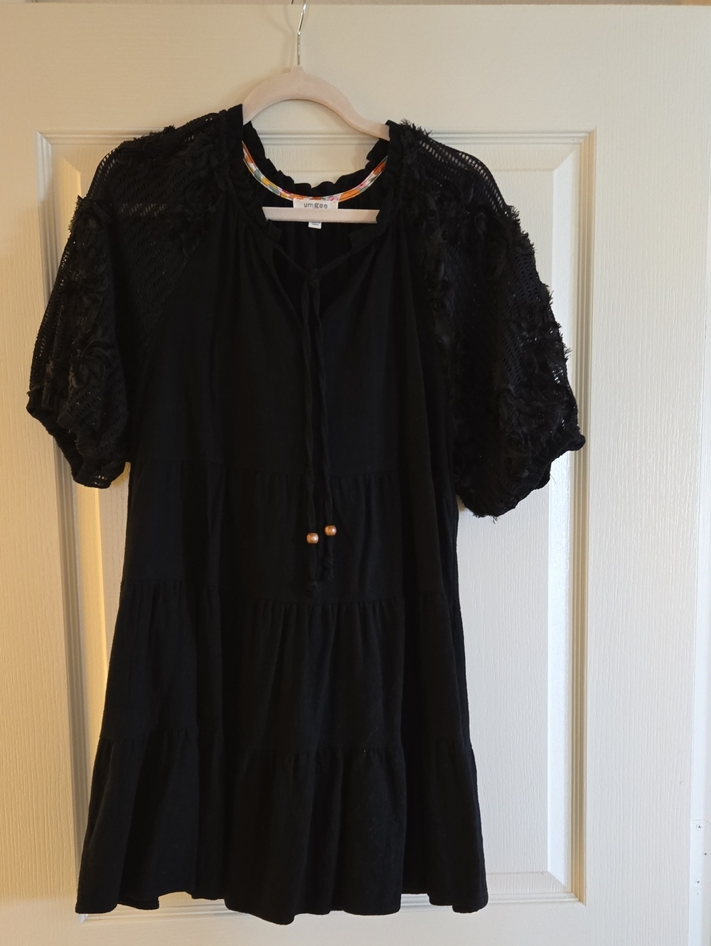 Umgee Black Tiered Dress with Crochet Puff Sleeves